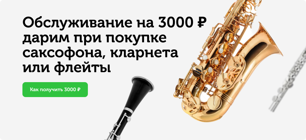 Обслуживание на 3000 ₽ дарим при покупке саксофона, кларнета или флейты